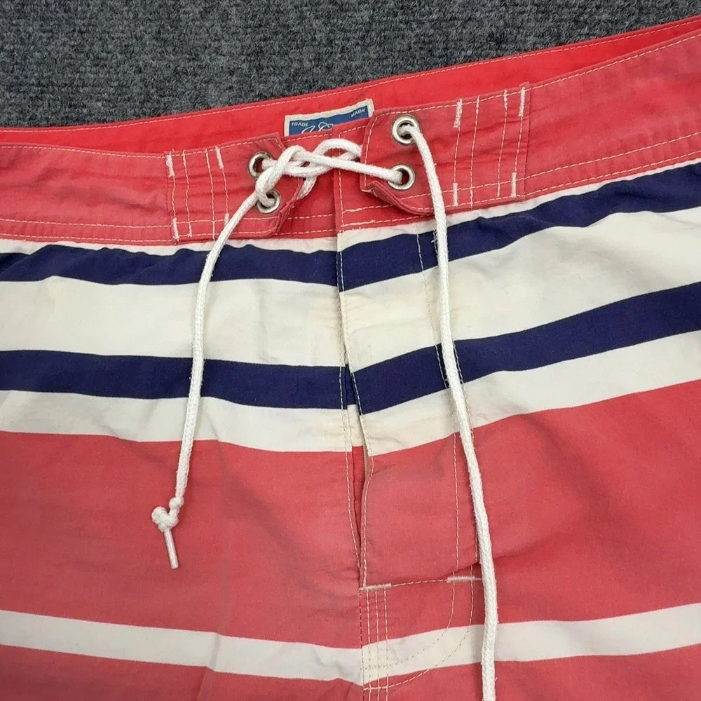 J Crew Board Shorts Mens 32 Red White Blue Nylon Striped Swim Trunks Prep Surf‎